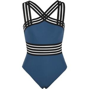 Hilor Women's One Piece Swimwear Front Crossover Swimsuit Navy Black XL 14